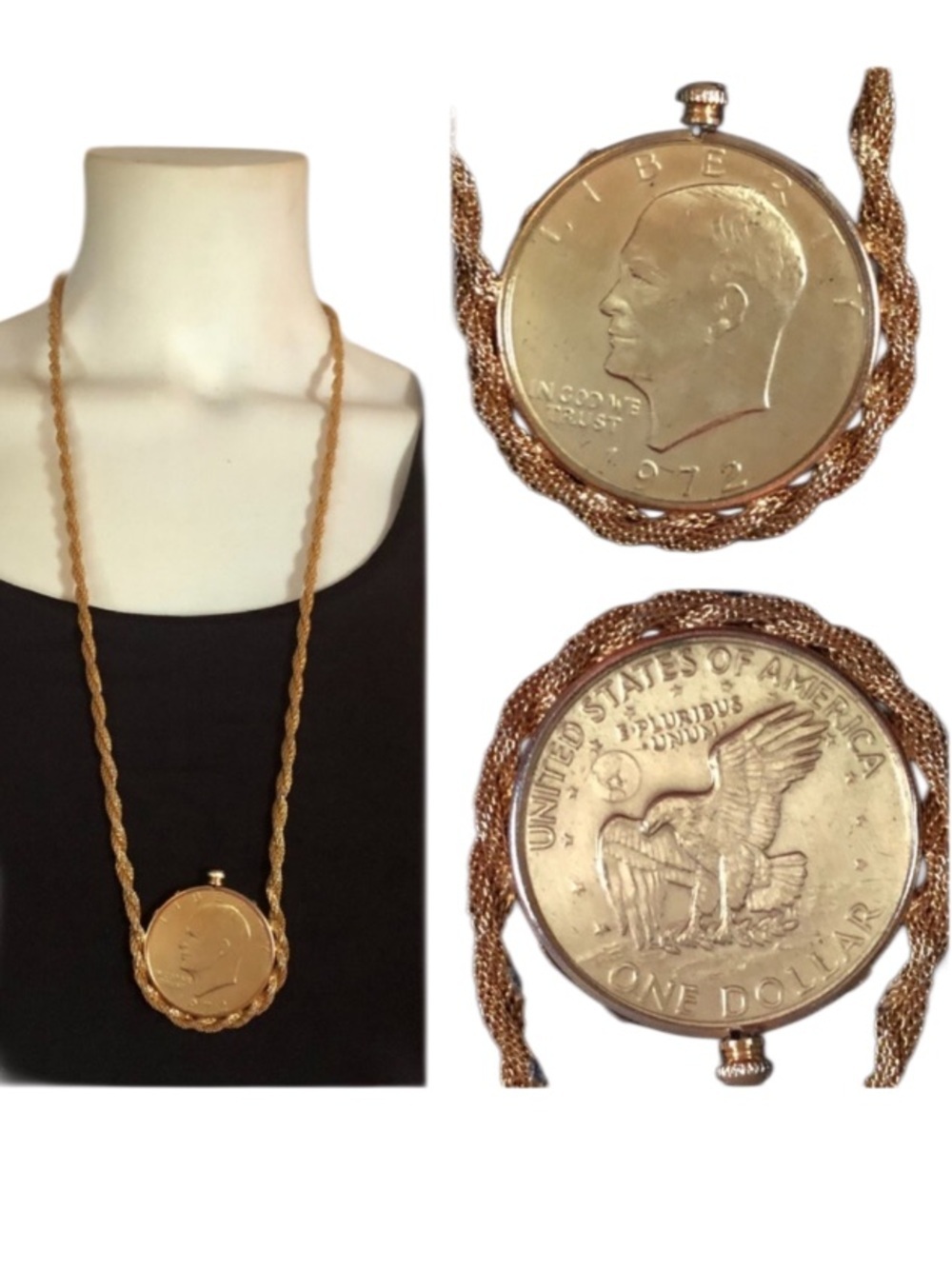Vintage Eisenhower 1972 One Dollar Coin Pendant Necklace